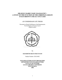 Did Jesus Marry Mary Magdalene? : a Study on the Function of the Christian Jargon in Dan Brown’S the Da Vinci Code