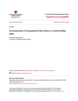 An Assessment of Occupational Heat Stress in a Central Utility Plant