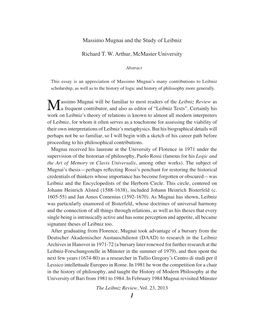 Massimo Mugnai and the Study of Leibniz Richard T. W. Arthur