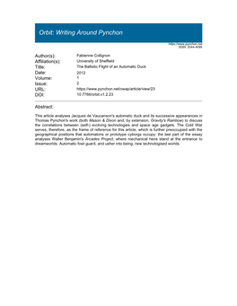 The Ballistic Flight of an Automatic Duck Date: 2012 Volume: 1 Issue: 2 URL: DOI: 10.7766/Orbit.V1.2.23