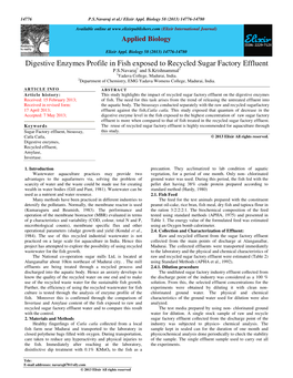 Digestive Enzymes Profile in Fish Exposed to Recycled Sugar Factory Effluent P.S.Navaraj 1 and S.Krishnammal 2 1Yadava College, Madurai, India