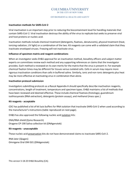 Inactivation Methods for SARS-Cov-2 Viral Inactivation Is an Important Step Prior to Reducing the Biocontainment Level for Handling Materials That Contain SARS-Cov-2