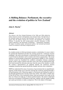 A Shifting Balance: Parliament, the Executive and the Evolution of Politics in New Zealand *