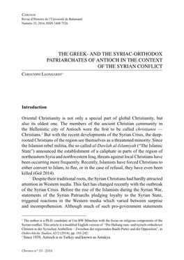 THE Greeka and the Syriacaorthodox PATRIARCHATES of ANTIOCH in the CONTEXT of the SYRIAN CONFLICT