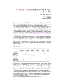 Mazateco De Mazatlán Villa De Flores Ryan David Klint ILV Ryan David Klint@Sil.Org Israel Filio García CIESAS Realfilio@Gmail.Com