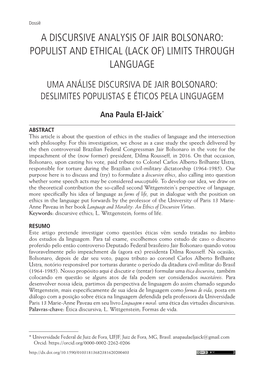 A Discursive Analysis of Jair Bolsonaro: Populist and Ethical (Lack Of) Limits Through Language