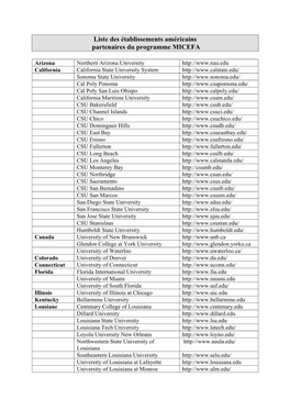 Liste Des Établissements Américains Partenaires Du Programme MICEFA