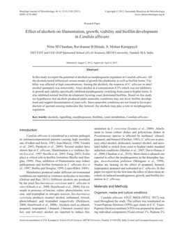 Effect of Alcohols on Filamentation, Growth, Viability and Biofilm Development in Candida Albicans