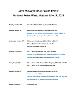 Save the Date for In-Person Events National Police Week, October 13 – 17, 2021