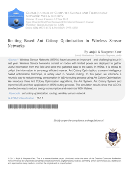 Routing Based Ant Colony Optimization in Wireless Sensor