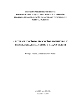 A Interiorização Da Educação Profissional E Tecnológica Em Alagoas: O Campus Murici