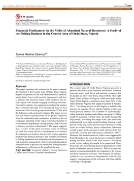 A Study of the Fishing Business in the Coaster Area of Ondo State, Nigeria