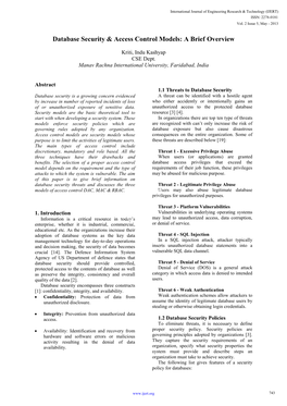 Database Security & Access Control Models: a Brief Overview