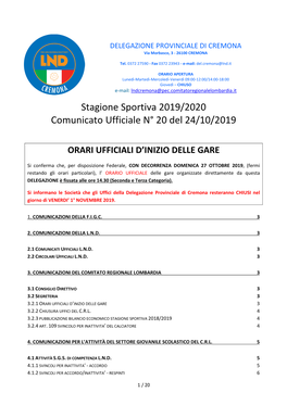 Stagione Sportiva 2019/2020 Comunicato Ufficiale N° 20 Del 24/10/2019