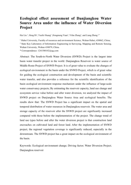 Ecological Effect Assessment of Danjiangkou Water Source Area Under the Influence of Water Diversion Project