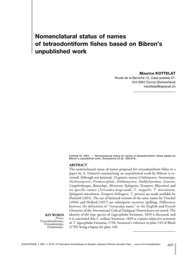 Nomenclatural Status of Names of Tetraodontiform Fishes Based on Bibron’S Unpublished Work