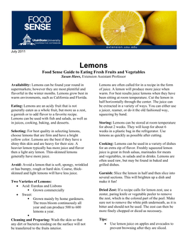 Lemons Food $Ense Guide to Eating Fresh Fruits and Vegetables Susan Haws, Extension Assistant Professor