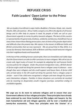 Faith Leaders' Open Letter to the Prime Minister