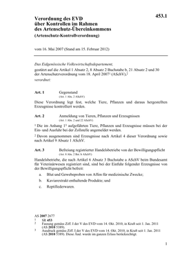 Verordnung Des EVD Über Kontrollen Im Rahmen Des Artenschutz-Übereinkommens (Artenschutz-Kontrollverordnung) Vom 16