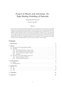 Project in Physics and Astronomy, 15C: Tight Binding Modelling of Materials