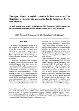 Fases Portadoras Do Arsénio Em Solos Da Área Mineira De São Domingos E Em Solos Não Contaminados Do Pomarão E Serra Do Caldeirão