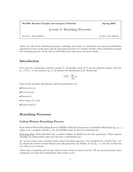 Lecture 2: Branching Processes Introduction Branching Processes