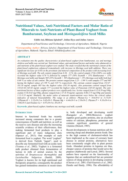 Nutritional Values, Anti-Nutritional Factors and Molar Ratio of Minerals