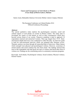 Causes and Consequences of Acid Attacks on Women: a Case Study of District Lahore, Pakistan