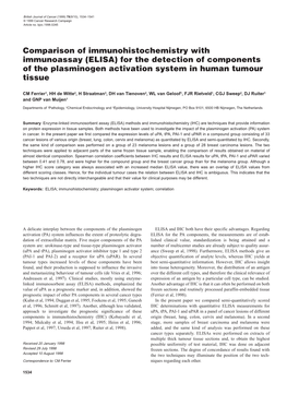 Comparison of Immunohistochemistry with Immunoassay (ELISA) for the Detection of Components of the Plasminogen Activation System in Human Tumour Tissue
