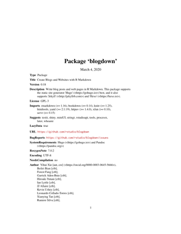 Blogdown’ March 4, 2020 Type Package Title Create Blogs and Websites with R Markdown Version 0.18 Description Write Blog Posts and Web Pages in R Markdown