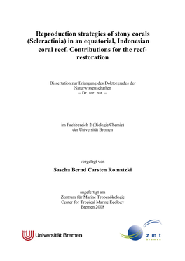 Reproduction Strategies of Stony Corals Coral Reef. Contributions For