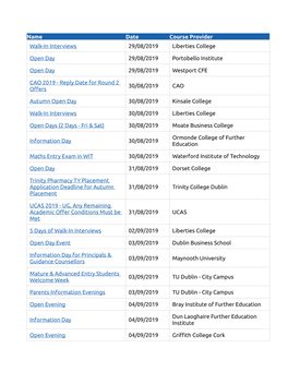 Name Date Course Provider Walk-In Interviews 29/08/2019 Liberties College Open Day 29/08/2019 Portobello Institute Open Day 29/0