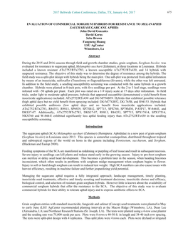 2017: Evaluation of Commercial Sorghum Hybrids for Resistance to Melanaphis Sacchari (Sugarcane Aphid)