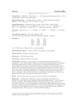 Nacrite Al2si2o5(OH)4 C 2001 Mineral Data Publishing, Version 1.2 ° Crystal Data: Monoclinic