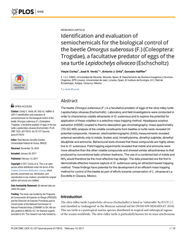 Omorgus Suberosus (F.) (Coleoptera: Trogidae), a Facultative Predator of Eggs of the Sea Turtle Lepidochelys Olivacea (Eschscholtz)