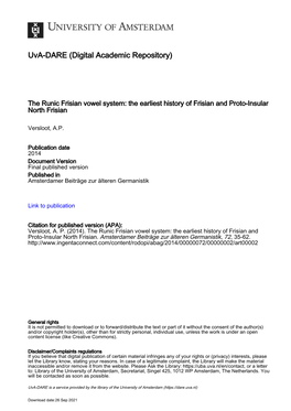 Arjen Versloot: the Runic Frisian Vowel System. the Earliest History