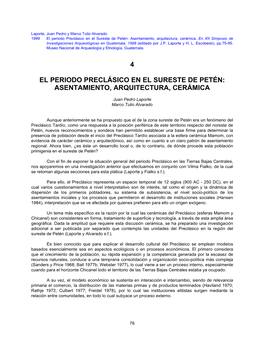 Laporte, Juan Pedro Y Marco Tulio Alvarado 1999 El Periodo Preclásico En El Sureste De Petén: Asentamiento, Arquitectura, Cerámica