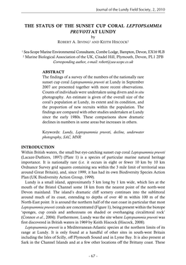 THE STATUS of the SUNSET CUP CORAL LEPTOPSAMMIA PRUVOTI at LUNDY by ROBERT A