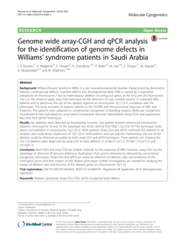 Genome Wide Array-CGH and Qpcr Analysis for the Identification of Genome Defects in Williams’ Syndrome Patients in Saudi Arabia I