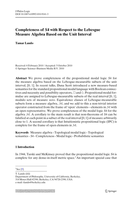 Completeness of S4 for the Lebesgue Measure Algebra in That Measure-Theoretic Notions Take Center-Stage