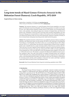 Tetrastes Bonasia) in the Bohemian Forest (Šumava), Czech Republic, 1972-2019