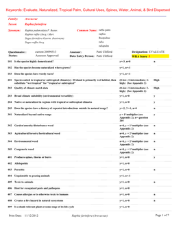 Evaluate, Naturalized, Tropical Palm, Cultural Uses, Spines, Water