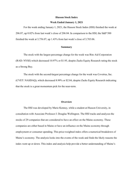 Husson Stock Index Week Ended January 1, 2021 for the Week Ending January 1, 2021, the Husson Stock Index (HSI) Finished the Week At