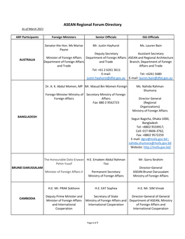 ASEAN Regional Forum Directory As of March 2021