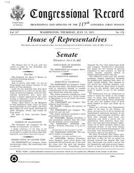 Congressional Record United States Th of America PROCEEDINGS and DEBATES of the 117 CONGRESS, FIRST SESSION