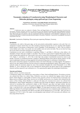 Taxonomic Evaluation of Cyanobacteria Using Morphological Characters and Molecular Phylogeny Using Cpcb and Cpca Gene Sequencing