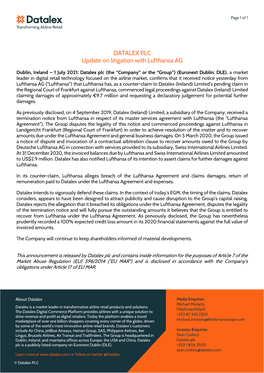 DATALEX PLC Update on Litigation with Lufthansa AG