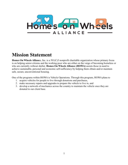 Mission Statement Homes on Wheels Alliance, Inc