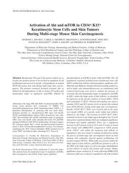 Activation of Akt and Mtor in CD34+/K15+ Keratinocyte Stem Cells and Skin Tumors During Multi-Stage Mouse Skin Carcinogenesis