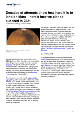 Decades of Attempts Show How Hard It Is to Land on Mars – Here's How We Plan to Succeed in 2021 5 December 2016, by Andrew Coates